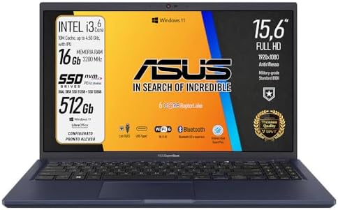 ASUS Expertbook, PC Portatile, cpu Intel Core i3 13Th 6Core, RAM 16 Gb, SSD PCIe Nvme 512 Gb, 15,6" FullHD antiriflesso, Wi-Fi 6, 4 USB, BT, lan, Intel Uhd, Win 11, preconfigurato