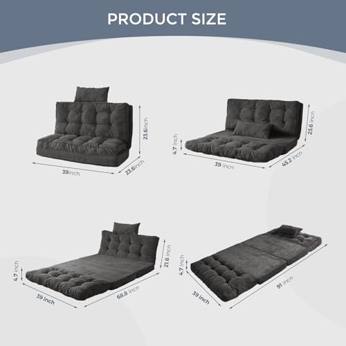 Image of MAXYOYO Folding Sofa Bed, Tufted Bean Bag Bed with Pillows Floor Couch for Adults, Extra Thick and Long Floor Sofa, Twin Couch Bed for Bedroom Living Room, Dark Grey, 39x91 Inch