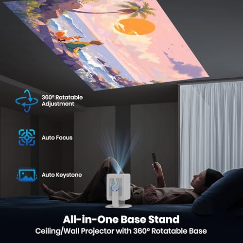 4K Beamer [Stereo-Lautsprecher/Autofokus/360° Drehbarer Stand] Video Beamer mit WiFi und Bluetooth 1080P Nativ, One-Click Use YouTube/D+, Smart Home Outdoor Projektor