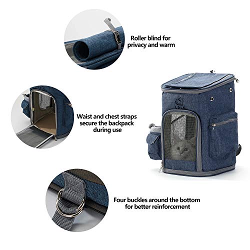 HIPIPET Pet Backpack Carrier for Cats Puppies Small Dogs and Animals Ventilated and Breathable with Treat and Botter Bags Airline Approved(Blue,S)