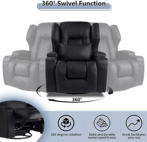 Vuyuyu Swivel Rocker Recliner Chairs, 360° Swivel Chair Ergonomic Manual Pu Leather Reclining Chairs For Living Room, Comfy Sofa Chair With Padded Seat Backrest/Lumbar Pillow/Cup Holders (Black) #TOP2