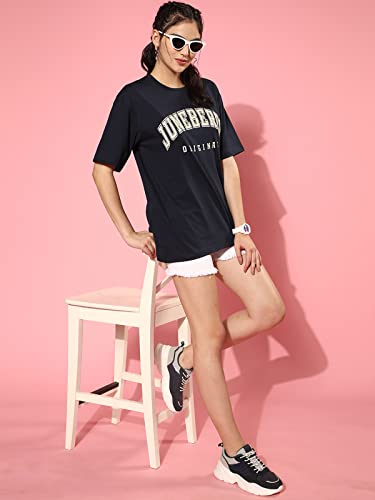 Image of JUNEBERRY Pure Cotton Oversized Drop Shoulder Brand Logo Typography Print Round-Neck Baggy Fit T-Shirt for Women (Available in Navy, Green & Pink Colors)