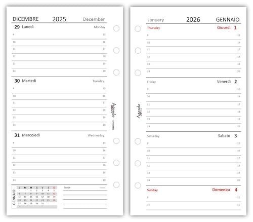 Agendepoint.it - Recambio agenda organizador semanal a rayas, 9,5 x 17 cm, 90 g, bilingüa blanco - 2026