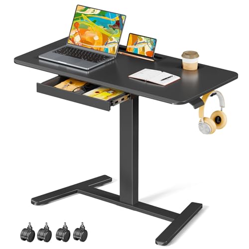 Image of Mobile Standing Desk with Drawer, 40 inch Small Standing Desk with Cup Holder, Rolling Laptop Workstaion on Wheels, Height Adjustable Table with Storage for Home Office, Black