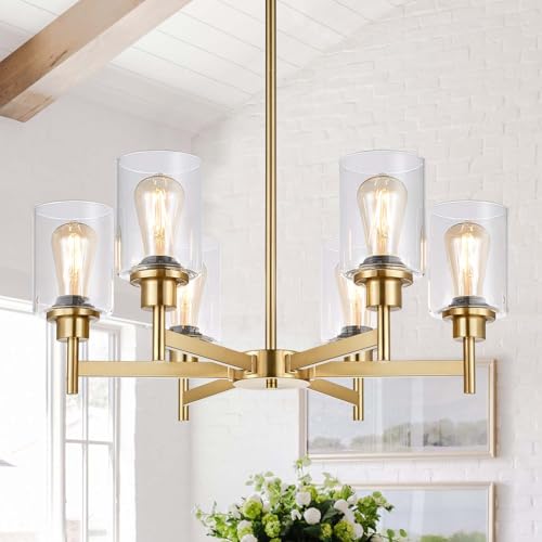 Lynnoland Brushed Gold Chandeliers, 6 Light Farmhouse Chandelier for Dining Room Light Fixtures Over Table, Hanging Light Fixture with Clear Glass Shade for Living Room Bedroom