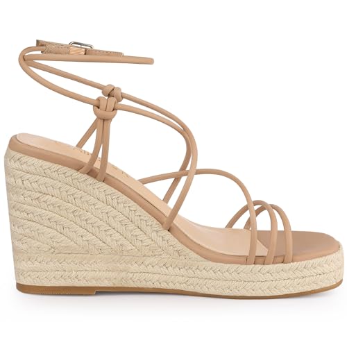 Allegra K Women's Platform Strappy Wedges Heel Espadrille Nude Wedge Sandals 6 M US