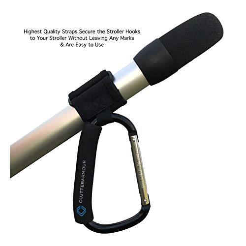 Stroller Hooks - XLarge Set of 2 - Easy to Clip on Stroller & Saves You Carrying Shopping & Diaper Bags – Hook All the Baby Gear You Need & Go – 2 Adjustable Straps - Carabiner Clips Fit All Strollers