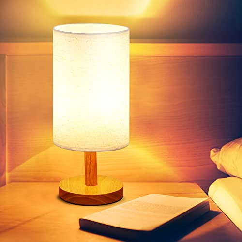 Afrog Table Lamp For Bedroom - 3 Way Dimmable Nightstand Lamp With Round Flaxen Fabric Shade For Living Room Kids Room Office Dorm,Solid Wood,12W, Led Bulb Included #TOP2
