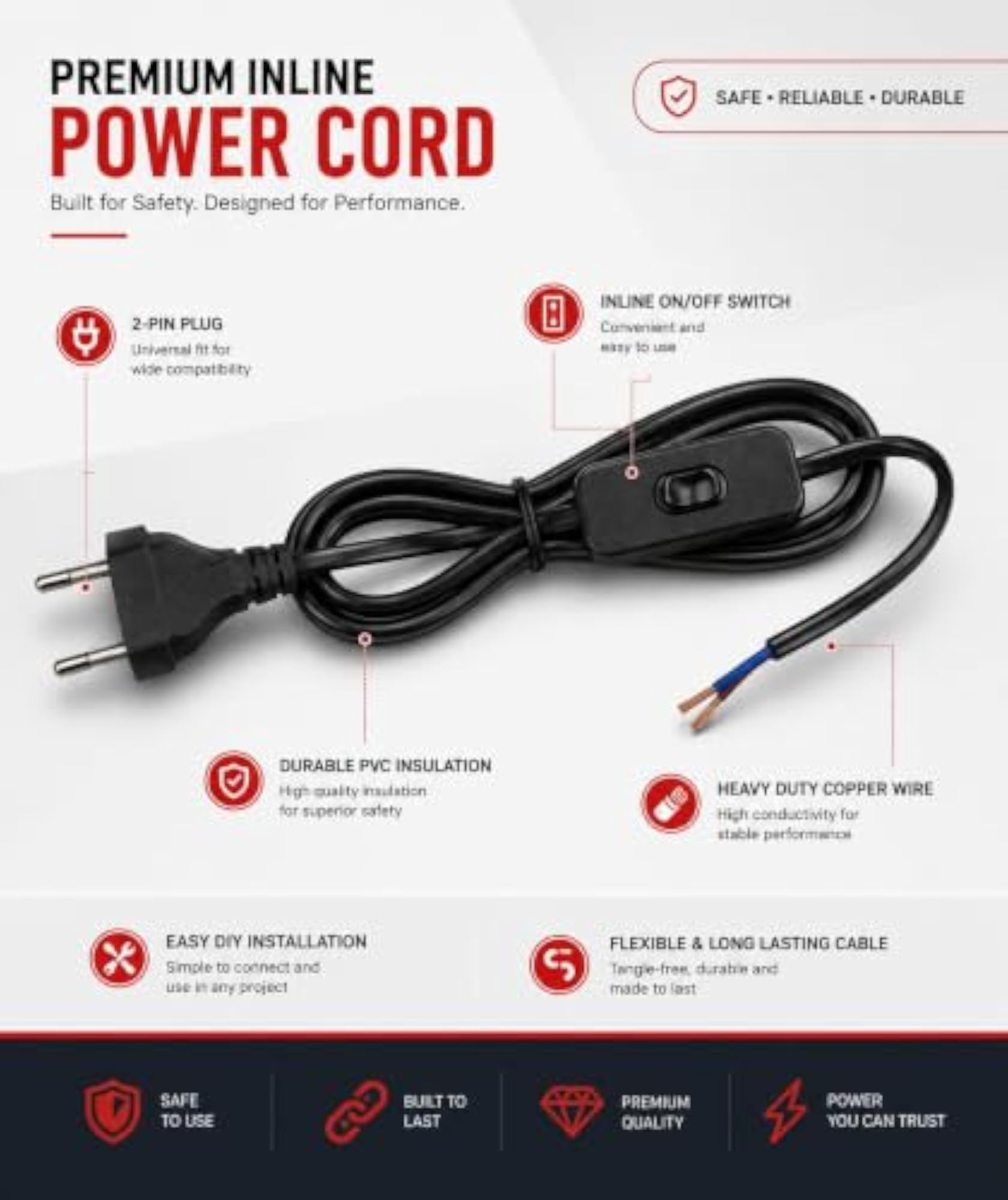2-Pin Plug-in Light Fitting Long Wire with Switch Cable