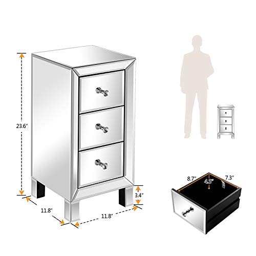 Image of VINGLI Mirrored Nightstand with 3-Drawers Silver Side End Table Mirrored Furniture for Small Space, Bedroom, Living Room