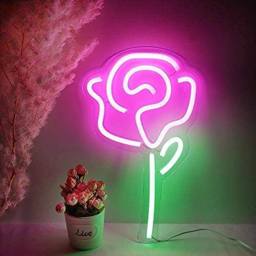 Cynzia LED Neon Light, Pink Rose Flower Neon Sign USB Powered Wall Art Light, Neon Night Lights Home Decoration for Table Room Bedroom Party Wedding