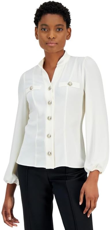 Anne Klein Women's Collarless Long-Sleeve Blouse (Anne White, Large) - Image 2