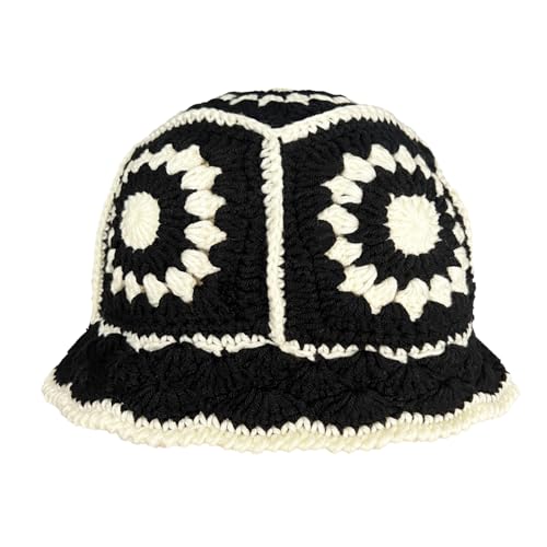 Hshsclth Crochet Bucket Hat Cute Knit Hats for Women Handmade Vintage Boho Beach Summer Sun Hat (US Alpha One Size Black and Cream)