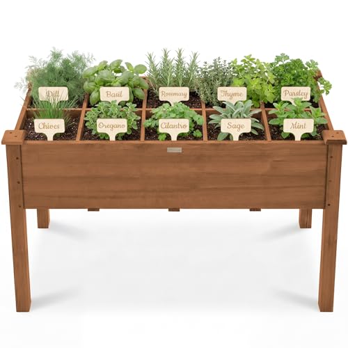 Best Choice Products Raised Herb Garden Bed Planter Box - Elevated Wooden Planter with 10 Grid Growing Compartments Drainage Holes Vegetable Flower Garden Box for Patio Balcony Backyard - Acorn