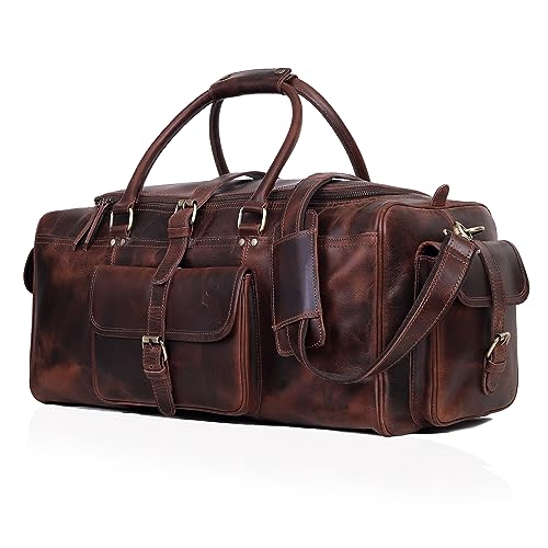 Duffle Bag For Men and Women, 28 Inch Vintage Buffalo Leather Travel Duffle Bag, Genuine Carry On Overnight Bag, Weekender Gym Bag with Shoulder Strap, Carry on Luggage Bags