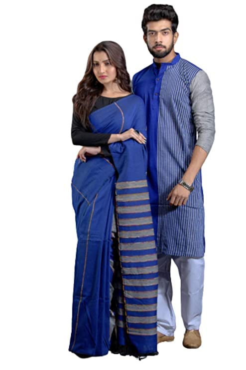 Mahi FABHandloom Pure Cotton Couple Set Saree and Kurta for Men & Women with Blouse Piece