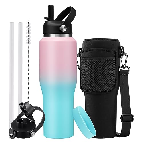 Stainless Steel Water-Bottles Fits in Cup Holder - 40 oz Water Bottle with Straw & Sleeve, Keeps Cold 48h/Hot 24h, Tumbler with Handle for Women & Men