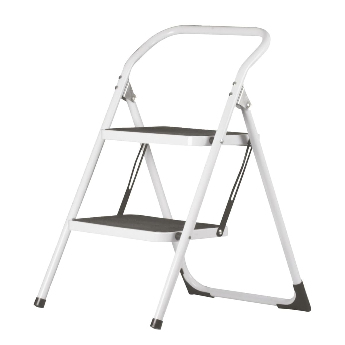 Amig - Folding Ladder – Steel Stool with 2 Non-Slip Steps – Dimensions: 77 x 59 x 48 cm – Weight Max 150 kg – White Finish with Black Protectors – for Professional and Home Use