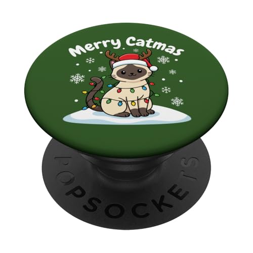 Siamese Cat Christmas Lights Merry Catmas Reindeer Santa Hat PopSockets Adhesive PopGrip