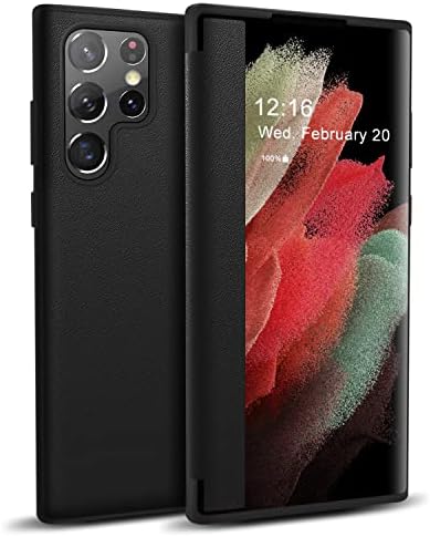 Zuslab Flip Case Compatible with Samsung Galaxy S22 Ultra 6.8' 2022, Fine Leather & Translucent Matte PC Folio Cover with Window View Function, Silicone Case Anti Scratch Shockproof Bumper, Black