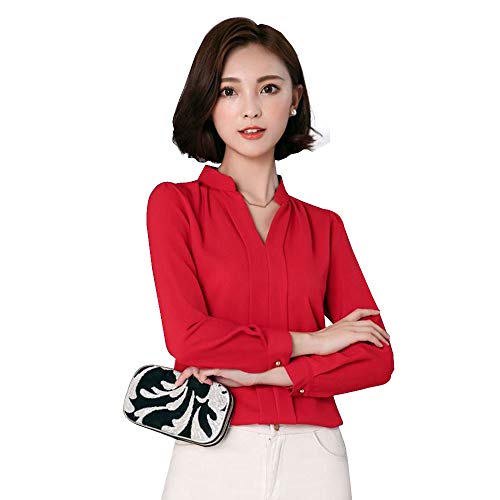 Image of Alaine Women Blouse Long Sleeve Office Lady Shirt Women Tops (Red, Small)