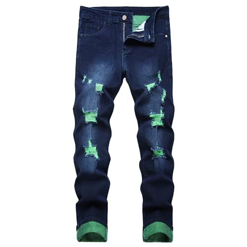 's Biker Zipper Deco Washed Straight Fit Jeans Mens Jeans Ripped Jeans For Men Distressed Denim Jeans Destroyed Slim Fit Jeans Elastic Denim Pants Trousers, Blue 7809, Size 40