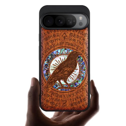 Carveit Designer Wooden Case for Google Pixel 9 Pro XL Case Cover [Wood Engraving & Shell Inlay] Compatible with Wireless Chargers Pixel 9 Pro XL Case (Haloed Crow-Red Wood)