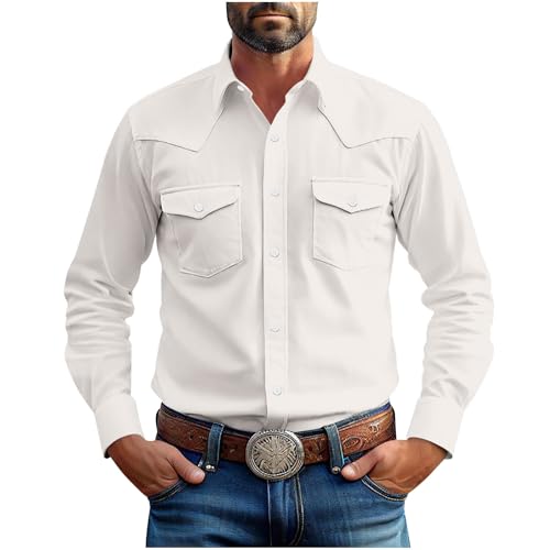 Western Cowboy Shirts for Men Long Sleeve Pearl Snap Button Down Cotton Work Shirt Casual Jacket Tops with Pockets White
