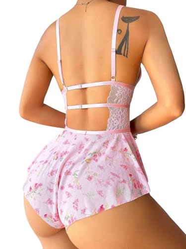 Image of Lilosy Sexy Bows Floral Lace Mesh Babydoll Lingerie Romper