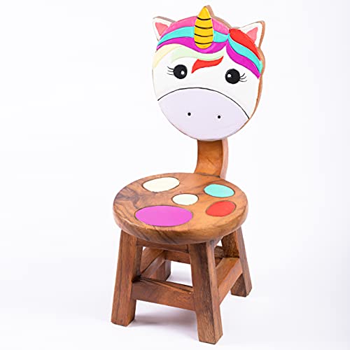 Silla infantil de madera con diseño de unicornio, robusta y maciza, fabricada a mano, muy estable, altura del asiento de 25 cm. Apta para el grupo de asientos infantiles Cover