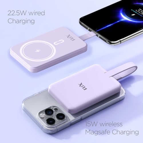 Image of FLiX MagConnect Pro 10k 15W Magnetic Wireless Output,22.5W QC /PD /PPS Pocket Power Bank,Inbuilt Type C & Lightning Reversable Cable Input /Output,LED Display,Perfect for iPhone 12,13,14(Purple)