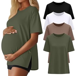 Riyiper 4 Pack Women’s Maternity T Shirts, Short Sleeve Split Side Pregnancy Tee Tops Casual Loose Crewneck Maternity Clothes