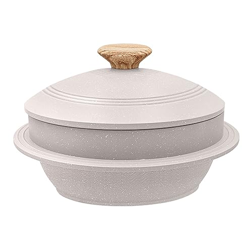 Bobikuke Gegoten aluminium pan met deksel, 24 cm, braadpan met anti-aanbaklaag, Koreaanse stenen kom, geschikt voor inductie, wit