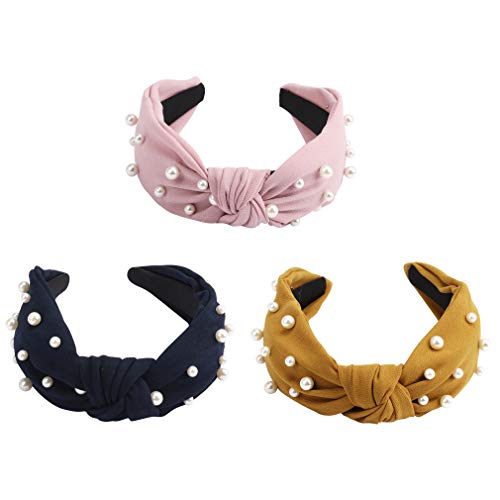 Kicosy 3 Pcs Velvet Wide Headbands for Women Knot Turban Headband for Women Vintage Hairband with Faux Pearl Fashion Beading Headband for Women (Black+Yellow+Pink)
