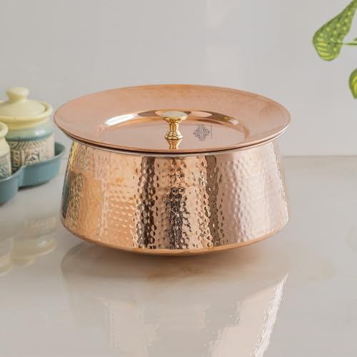 Image of Indian Art Villa Handcrafted Hammered Copper Serving Handi with Lid and Tin Lining - Traditional Indian Cookware Handi for Serving Rice, Curries, and Dishes - 2800 ML Capacity