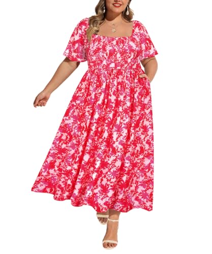 Image of RITERA Plus Size Dresses for Curvy Women Square Neck Short Sleeve Summer Floral Smocked Maxi Dress with Pocket XL-5XL