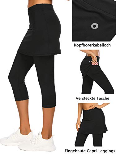 Balancora Women's Sports Skort Running Skort Leggings with Skirt Tennis Skirts Hockey Skirt Tight Capris Gym 3/4 Yoga Pants with Pockets and Headphone Jack Black - Image 2