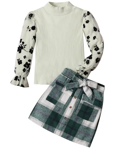 Image of Toddler Girl Clothes Girls Outfits Flare-lace Sleeve Top and Plaid Skirt Dress Fall Winter 2Pcs Girls Clothes 5-12T