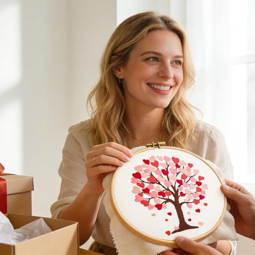 Image of Love Heart Tree Embroidery Kits for Beginners Adults, Valentine's Day Hand Embroidery Kits, Cross Stitch Kits for Adult Anniversary Valentine's Gift, Entire Set of Embroidery Supplies & Video Tutorial