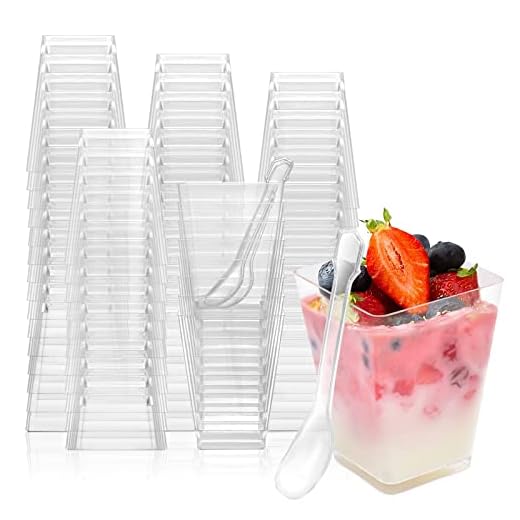 EASERCY 100 Pack 5 oz Plastic Dessert Cups Appetizer Cups for Party Parfait Cups Mini Dessert Cups with Spoons Yogurt Parfait Containers Shooter Cups for Pudding Fruit and Ice Cream