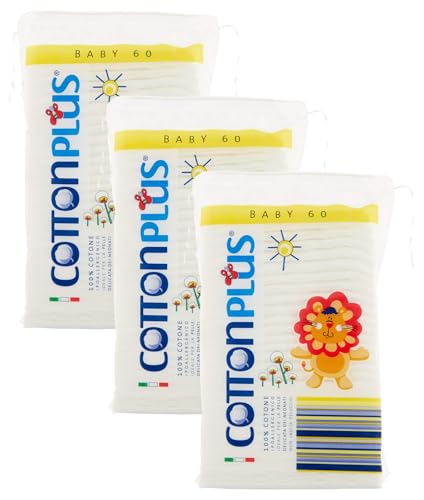 Cotton Plus BABY 60 pz. - LINEA BABY | DISCHETTI PRETAGLIATI 100% PURO COTONE | Per la pulizia dei più piccoli, in morbido cotone ipoallergenico, assorbenti e resistenti. (Confezione da 3)