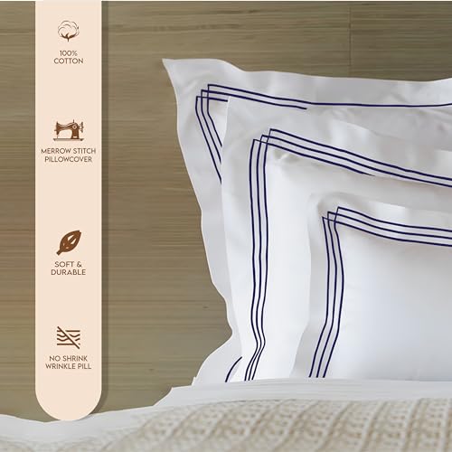 Image of Pure Cotton 500 TC Solid Pillow Cover Set | Greek Embroidered Pillow Cover Set | Percale Weave | 18 X 27 Inches (2, White - Triple Navy Blue)