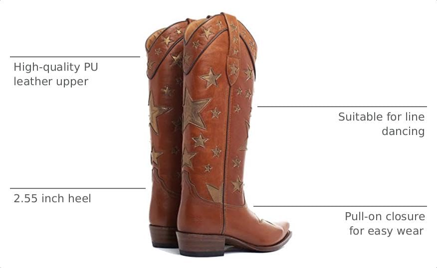 Image of YIYA Women's Star Cowboy Boots Black and White Cowgirl Boots with White Stars Pointed Toe Chunky Low Heel Pull-On Wide Calf Western Embroidered Boots