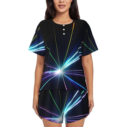 Pyjama deux pièces femme col rond respirant avec short léger à motif lumière laser