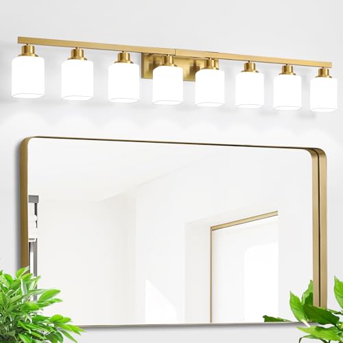 Image of Bathroom Vanity Light,8-Light Brushed Gold Bathroom Light Fixtures with Square Frosted Glass, 51in Gold Wall Lamp Sconces for Mirror Bedroom,Living Room Hallway,E26