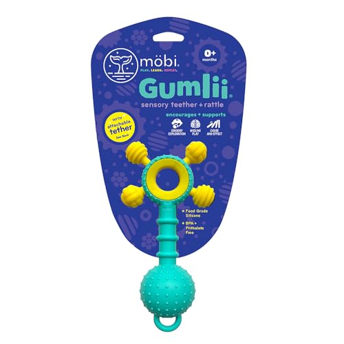 Image of Mobi Gumlii Sensory Teether Toy - Rattle Baby Teething Toy, Food Grade Silicone Newborn Baby Sensory Teether, BPA and Phthalate Free - for 0-6 Months Newborns