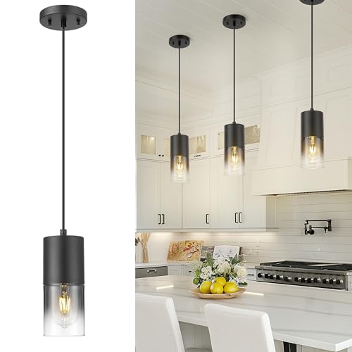 Audickic Black Pendant Lights Kitchen Island, Modern Hanging Lights Fixtures with Cylinder Black Gradient Glass, Industrial Kitchen Pendant Lighting Over Island for Dining Room, AD-24023-1P-BK-SM