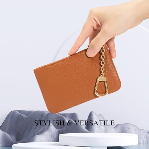 Image of Full Grain Leather Coin Purse with Key Chain - Small Change Purse Keychain Card Holder Keychain Pouch Small Keychain Wallet for Women and Men (Brown, Large Size)