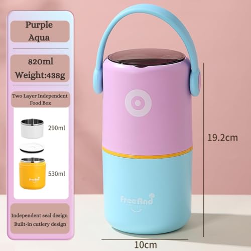 Image of YELONA 820ml Double Layer Lunch Pot for Kids & Adults | Stainless Steel 304 Bento Food Jar | Headphone Style Handle | Leak-Resistant, Two Compartment Tiffin Box (Purple Aqua)