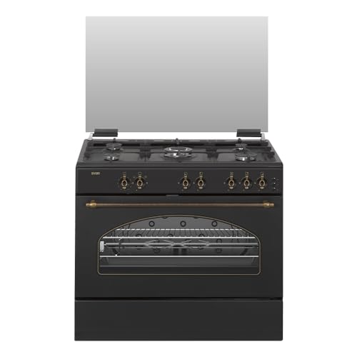 Svan Cocina Gas Butano 5 Zonas de Cocción, Horno 92 L, Rústico negro SKGW5900RN. Control Manual, Quemador WOK triple llama, 2 Programas de Cocción, Cristal en Puerta de Doble Capa, Tapa Abatible